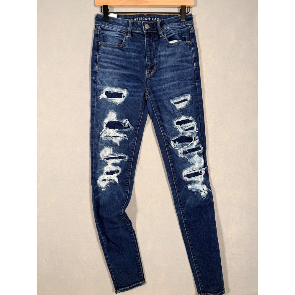 American Eagle Skinny Jeans Women 6 Long Dark Wash Distressed Patched High Rise